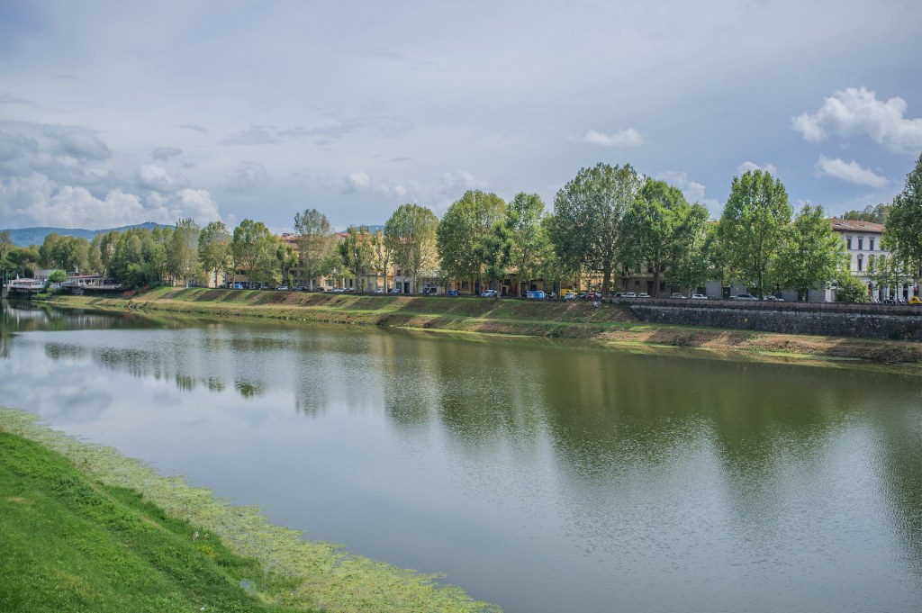 L'argine erboso dell'Arno in discesa verso l'acqua, con una fila di alberi sulla riva opposta e il cielo nuvoloso