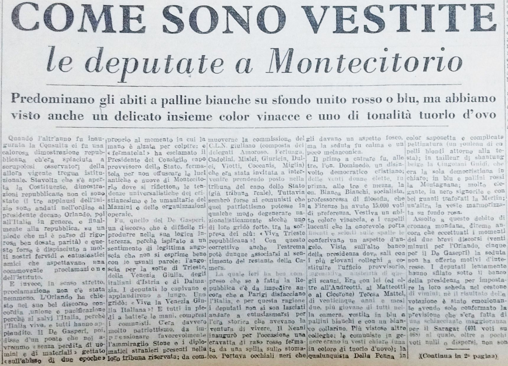 Pagina di Risorgimento Liberale del 1946 con l’articolo “Come sono vestite le deputate a Montecitorio”