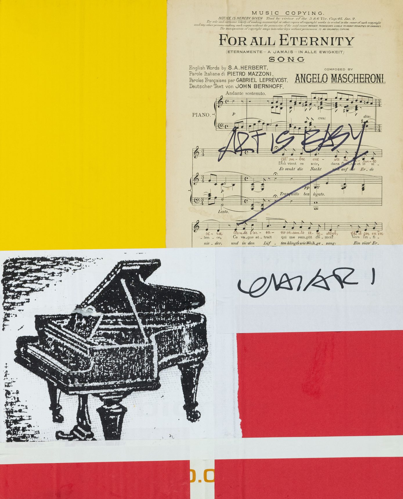 Opera di Giuseppe Chiari: carta pentagrammata sopra un pianoforte a coda serigrafato su fondo giallo e rosso