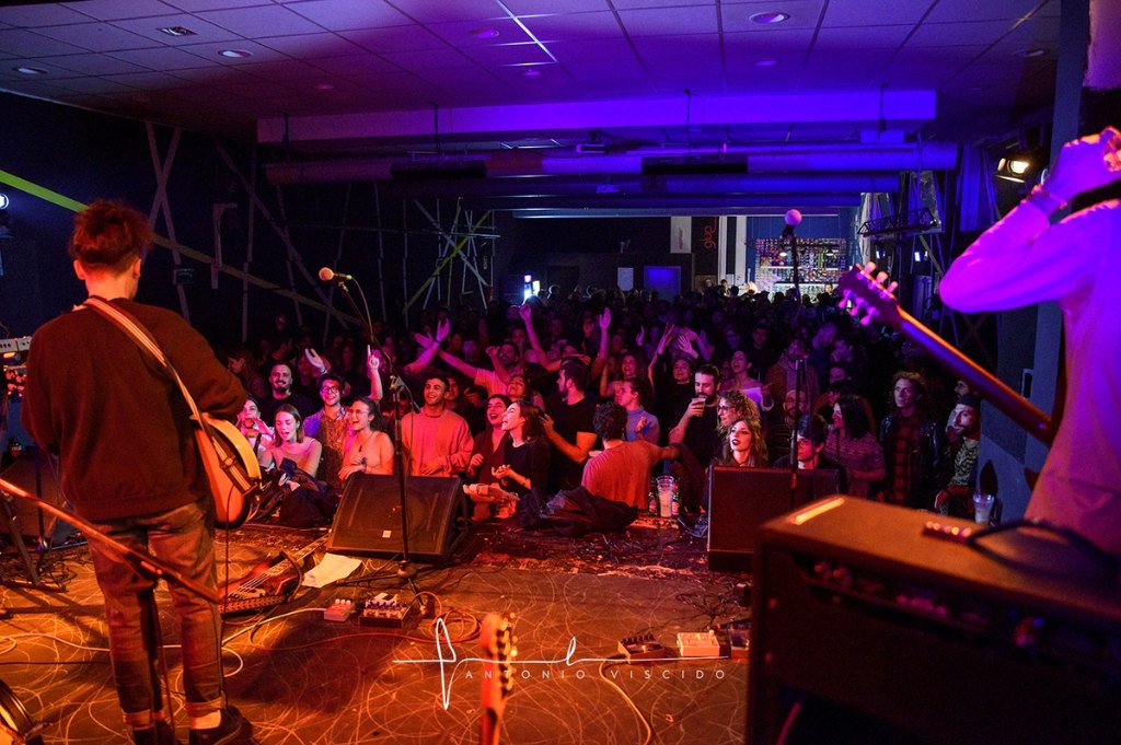 View from the stage during a concert: a guitarist seen from behind facing a packed room, under purple and red lights