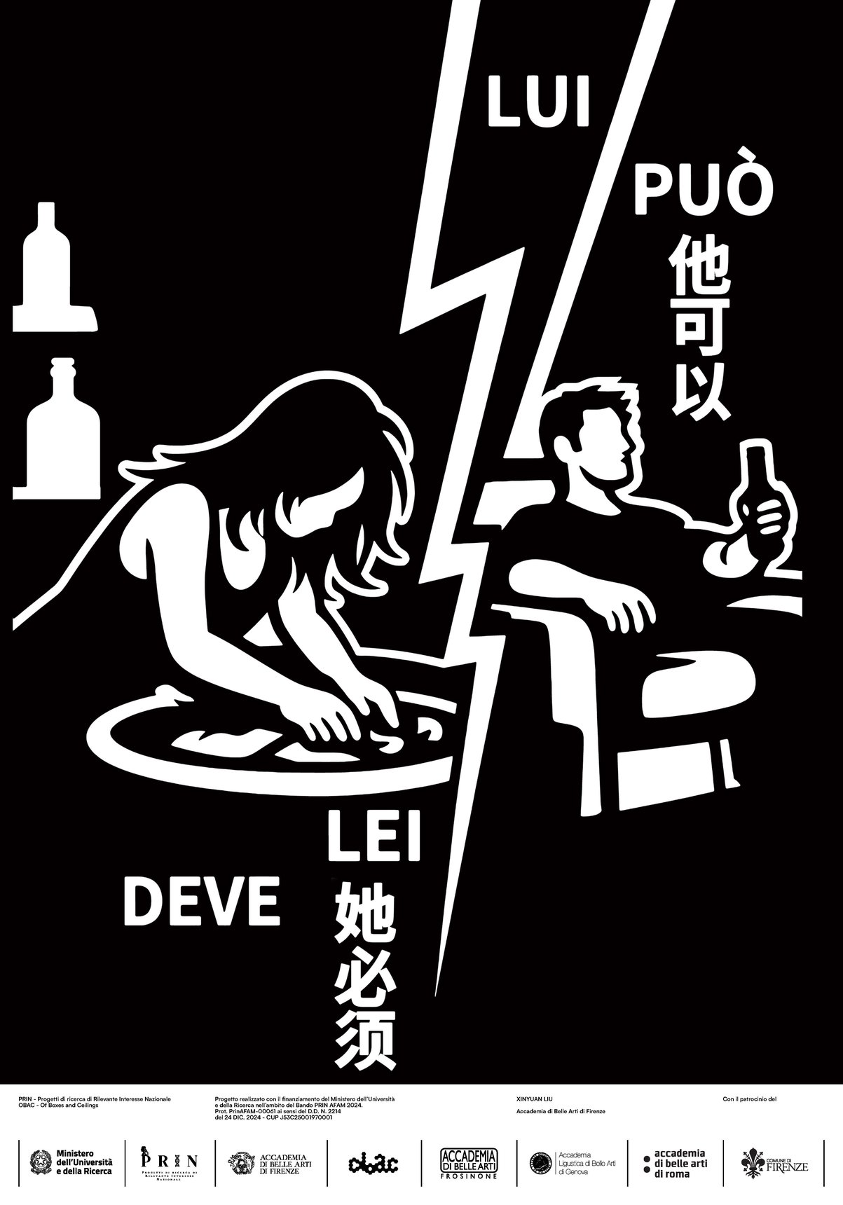 Black-and-white poster: a seated man holding a bottle under the words “Lui può” (He can), and a woman scrubbing the floor under “Lei deve” (She must)
