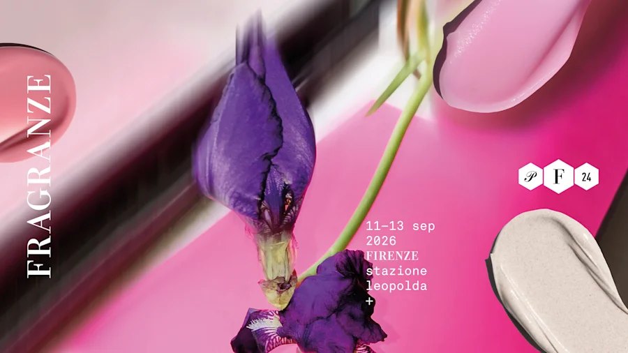 The Pitti Fragranze 2026 poster: a purple iris on a pink background and the dates, September 11-13 at the Stazione Leopolda