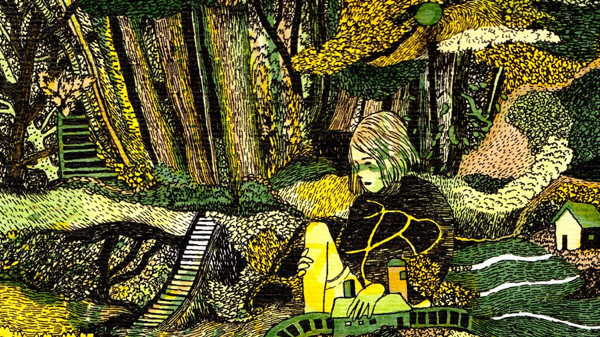 Illustrazione a colori di Tillie Walden: una figura distesa in un bosco fitto di verdi e gialli