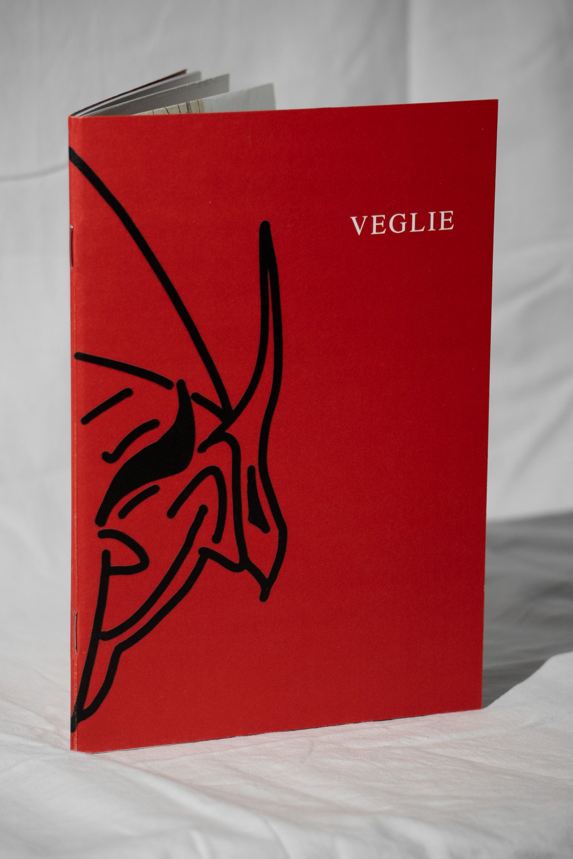 La fotozine Veglie in piedi su un telo bianco: copertina rossa con il disegno nero di una creatura cornuta