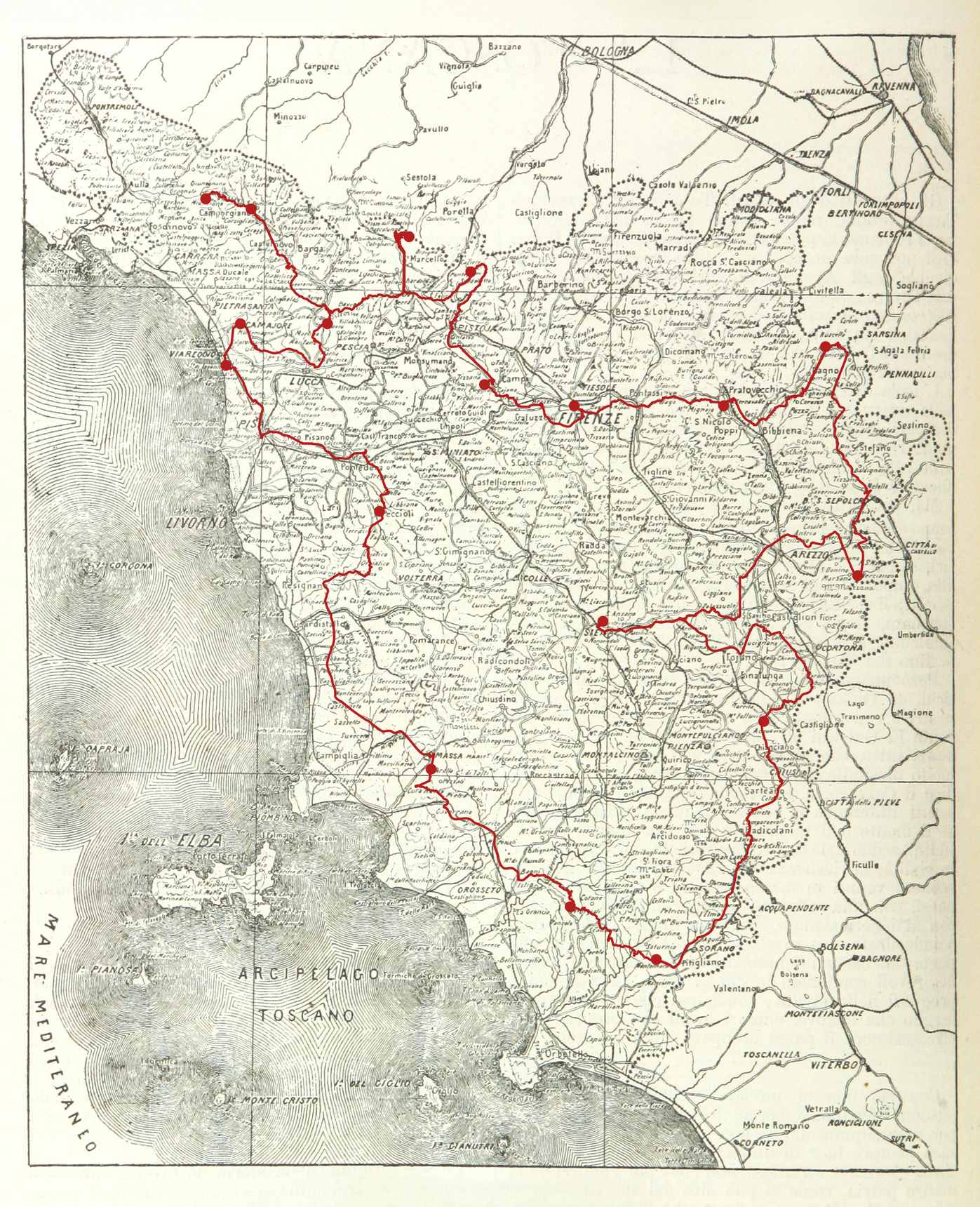 Carta storica della Toscana in bianco e nero, attraversata da un percorso rosso che tocca i luoghi delle leggende