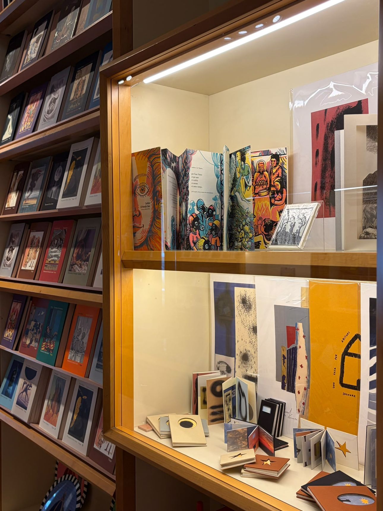 Teca illuminata con libri illustrati aperti e in piedi, accanto a uno scaffale di volumi