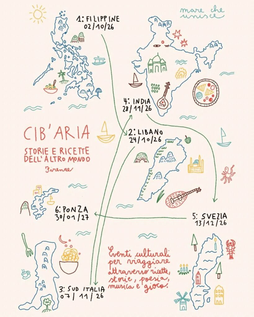 Mappa disegnata a mano con le tappe di Cib’Aria, dalle Filippine a Ponza, con le date, i piatti e piccoli disegni