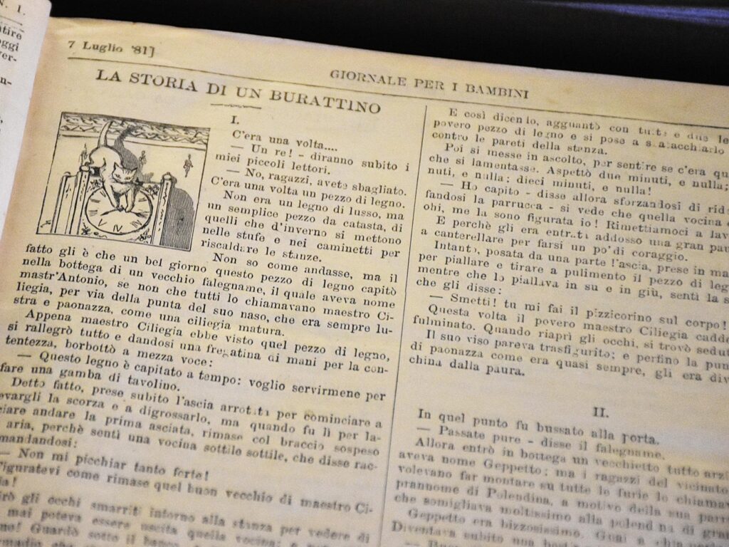Pagina del Giornale per i bambini del 7 luglio 1881 con il primo capitolo di «La storia di un burattino» e un'illustrazione