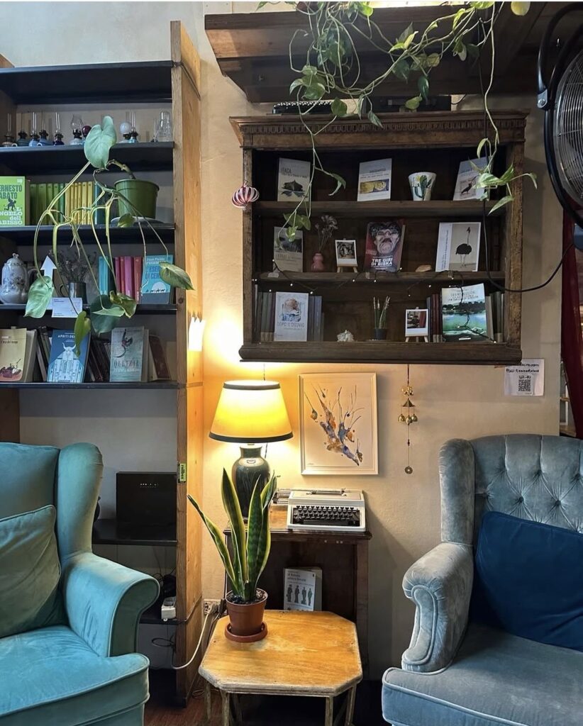 Poltrone di velluto azzurro, una lampada accesa e scaffali di libri nella libreria-caffè La Cité a San Frediano