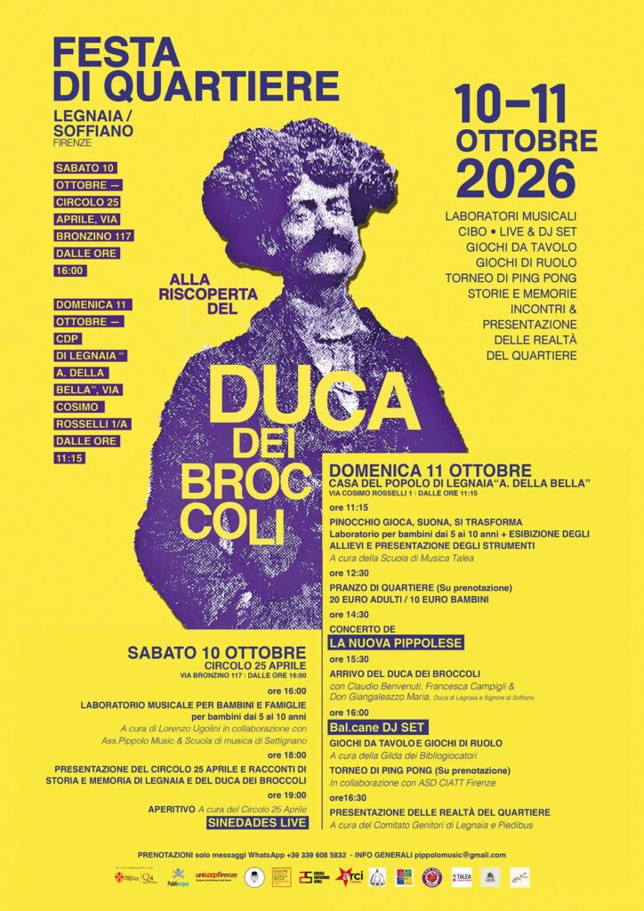 Il manifesto giallo della Festa di Quartiere di Legnaia e Soffiano del 10 e 11 ottobre 2026, con un ritratto in viola