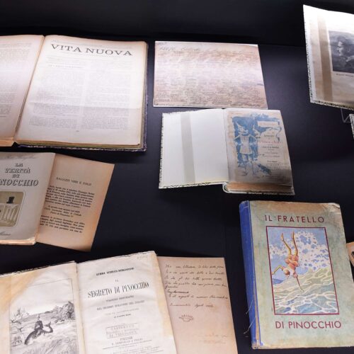Vetrina della mostra su Collodi con libri su Pinocchio, tra cui «Il fratello di Pinocchio» e «Il segreto di Pinocchio»