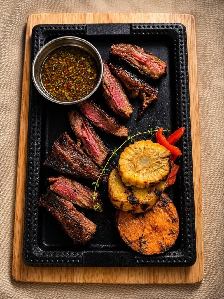 Fette di carne alla brace su una piastra di ghisa, con una ciotola di salsa alle erbe, pannocchia e verdure grigliate