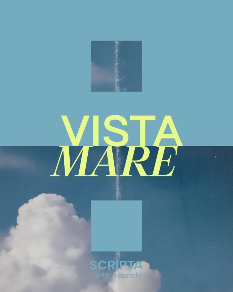 Locandina di Scripta 2026 "Vista Mare": la scritta gialla su un cielo azzurro che si apre sul mare